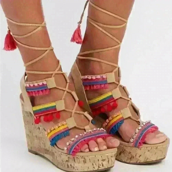 Charlotte Russe embellished Pom Pom WEDGE HEEL LACE UP SANDAL 8 - Picture 1 of 5